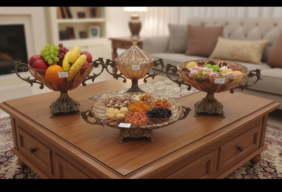 سرویس پذیرایی مدنا میوه خوری، کاسه آجیل، شکلات دربدار ،شیرینی خوری و همگی پایه دار